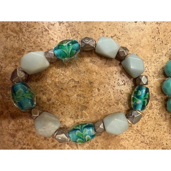 Set Of 4 Turquoise Blue Bracelets With Gemstone & Bead Design Featuring Square & - Picture 3 of 7